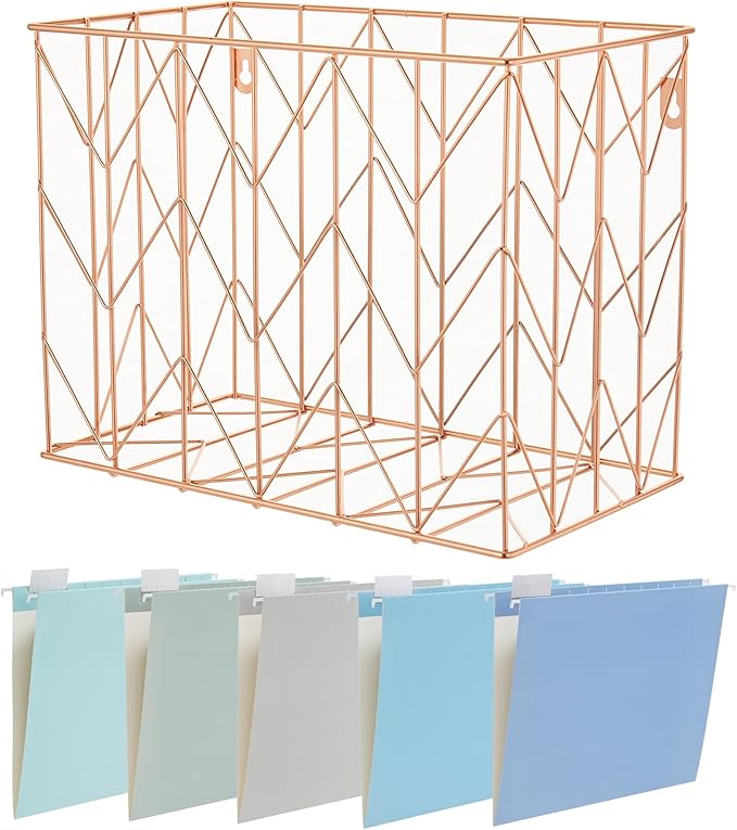 Beramon Hanging File Folder Kit Includes 1 Rose Gold Hanging File Desk Organizer and 20 Pack Hanging File Folders Letter Size with 1/5 Cut Tabs Design for School Office Home Supplies, Blue Design