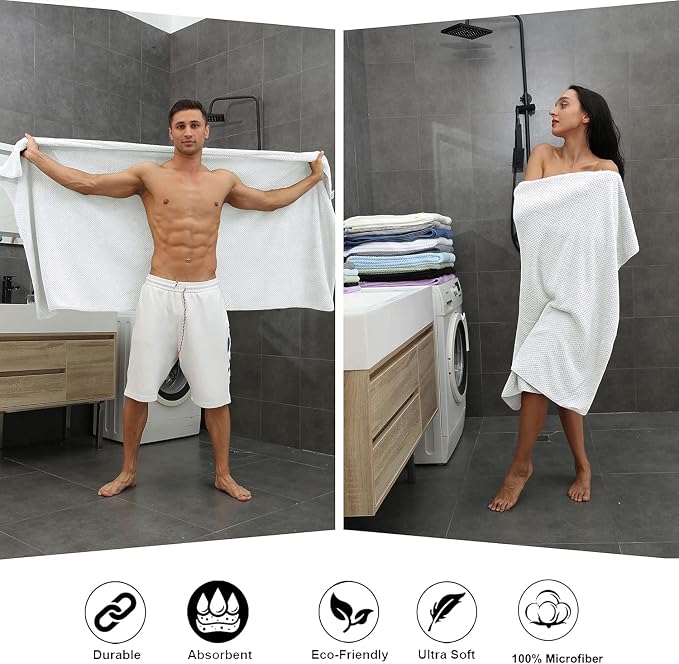 Smuge 8pcs Bath Towel Set, 2 Extra Large Bath Towel Sheets, 2 Hand Towels and 4 Washcloths- Highly Absorbent Microfiber,Ultra Soft Towel Set for Bathroom,Waffle Weave Design, Pack of 8 (White)