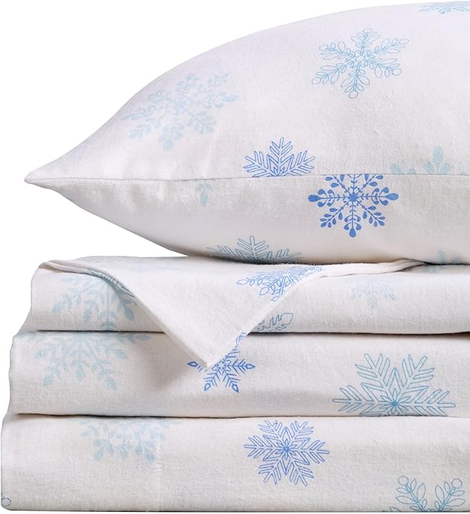 Market & Place 100% Turkish Cotton Flannel Sheet Set | 4 Piece Deep Pocket Novelty Cozy Winter Bed Sheets | Double Brushed for Extra Softness & Comfort | Alpine Collection (Full, Blue Snowflake)