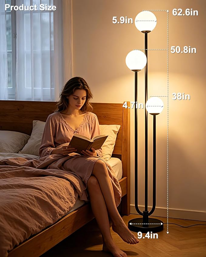 63IN 3-Light Dimmable Floor Lamp, Unique Black Tall Standing Lamps with 3000K Bulbs for Reading, Mid Century Modern Floor Lamp with 5Lbs Heavy Base for Living Room Bedroom Office