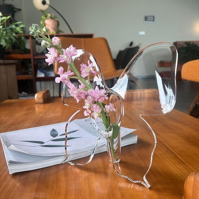 Butterfly Flower Vase - Clear Acrylic Vases for Flowers, Modern Single Rose Vase Home Decor, Unique Decorative Vases for Desktops Bookshelf Bedroom Wedding Housewarming Gifts