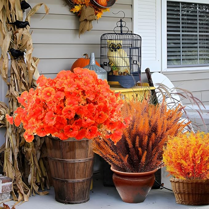 Artificial Fall Flowers Fake Plants for Outdoor Autumn Decoration, 12 Bundles Silk Orange Morning Glory UV Sun Resistant Realistic Faux Flowers for Window Box Porch Patio Yard Balcony (Fall Plants)