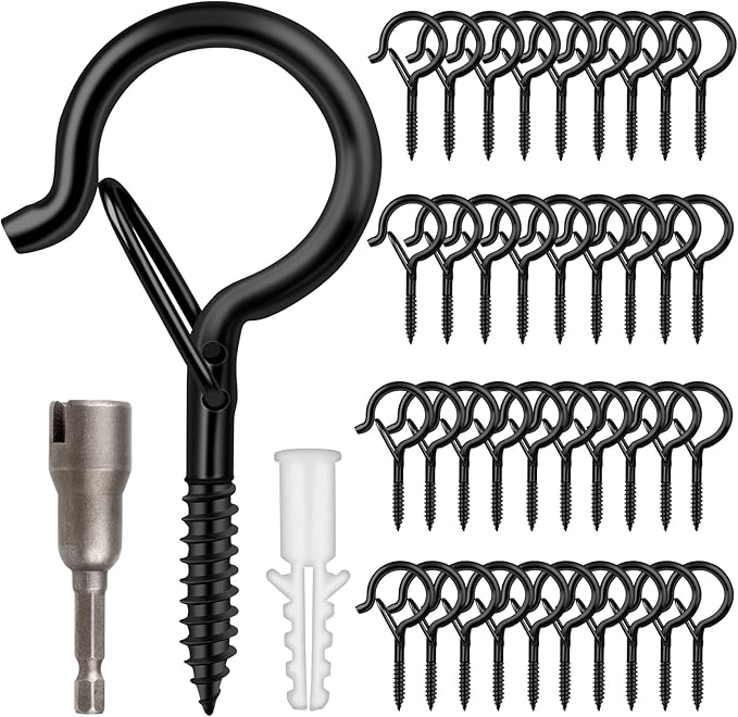 Q Hangers 100 Pack Screw-in Hooks for Outdoor String Lights, Swivel Hanging Basket Patio Hooks with Safe Buckle Screw in Eye Planter Hooks for Wall Ceiling