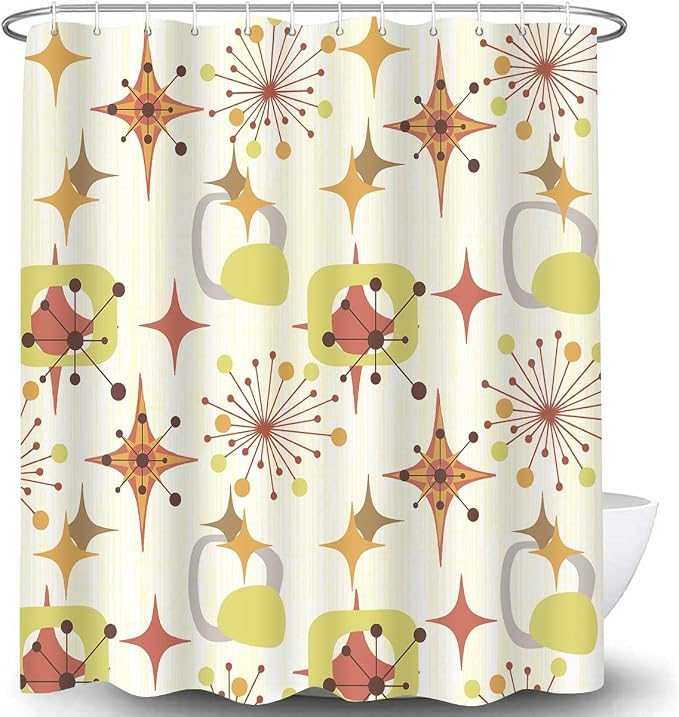 Mid Century Shower Curtain, 72x72inch, Modern Abstract Retro Yellow Striped Geometric Shower Curtain Sets 1950s Boho Bathroom Shower Curtain with 12 Hooks