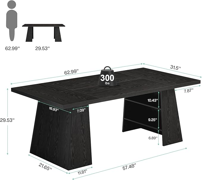 Tribesigns 63-Inch Executive Desk, Modern Black Office Desk with Double Pedestal and Storage Shelves, Simple Large Computer Writing Conference Table Workstations Business Furniture for Home Office