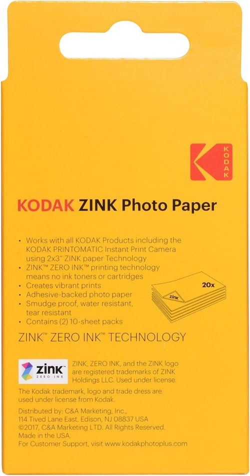 KODAK 2x3 Premium Sticky-Backed ZINK Photo Paper - 20 Sheets for Kodak Step & Printomatic Printers