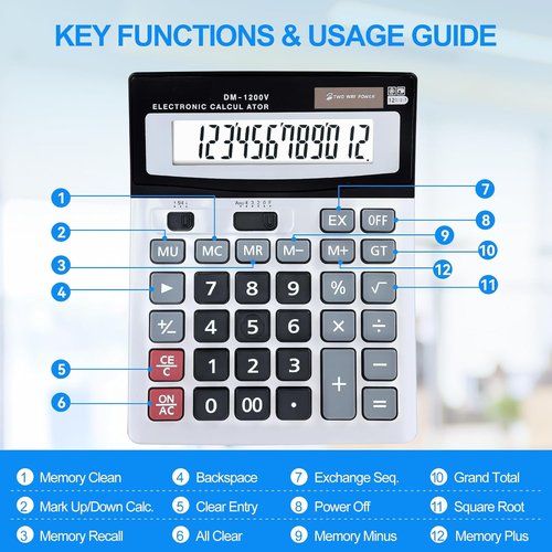 Desktop Calculator - 12-Digit with Extra Large LCD Display & Big Buttons for Office/School Use | Dual Power (Solar/Battery)