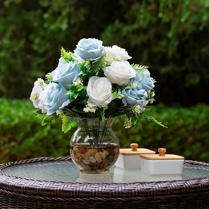 ENOVA FLORAL 18 Heads Silk Rose Artificial Flowers in Vase,Faux Rose Flowers Arrangement in Round Bowl Vase with Faux Water and River Rock for Table Decor Centerpieces (Blue Cream)