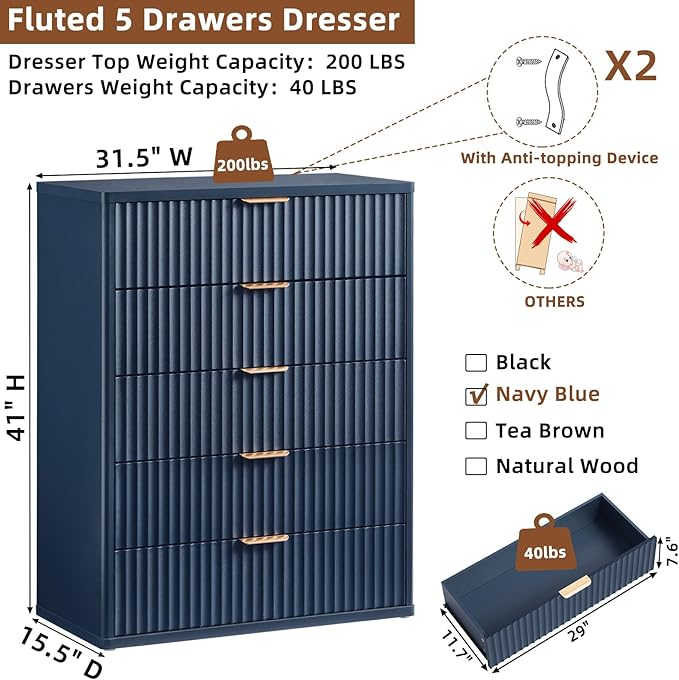Fluted 5 Drawers Dresser for Bedroom, 41" Tall Modern Chest of Drawers with Metal Handle,Navy Blue Wood Drawer Organizer for Bedroom, Living Room, Hallway, Entryway
