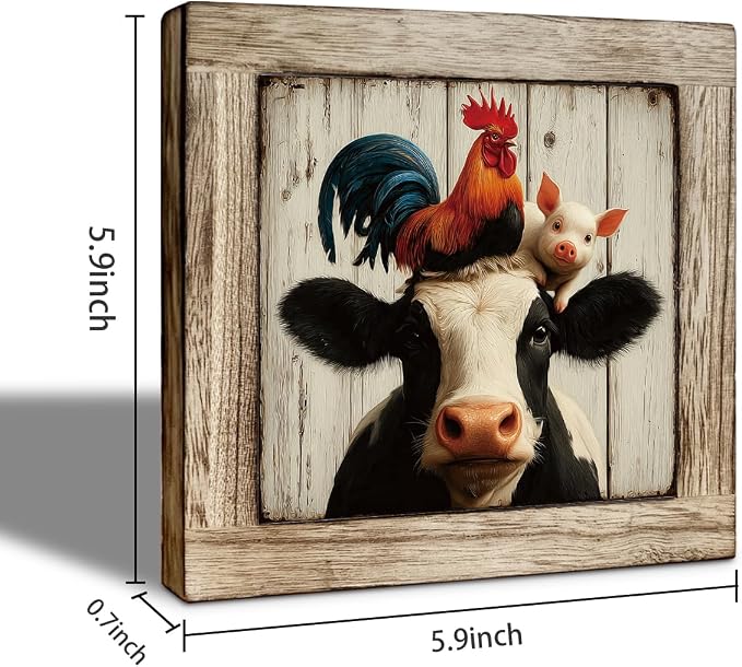 Whimsical Farm Animals Wooden Block Sign - Rooster, Pig, Cow Design, Rustic Farmhouse Decor, Cute Animal Art for Living Room, Kitchen, Bedroom, Gift for Animal Lovers