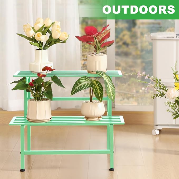 Dipion Metal Plant Stand Outdoor Plant Shelf Indoor,2 Tier Heavy Duty Ladder Plant Stands for Multiple Plants,26" L x 20.25" H x 17.75" W,Mint Green