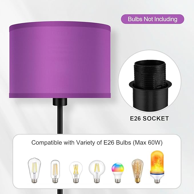 AUQUEE Floor Lamp, Standing Lamp, Modern Stand Up Lamps with Purple Lampshade, 59" Tall, Foot Switch, Simple Living Room Decor for Kids Room, Girls Room, Den, Office - Black(NO Bulb,E26 Base)