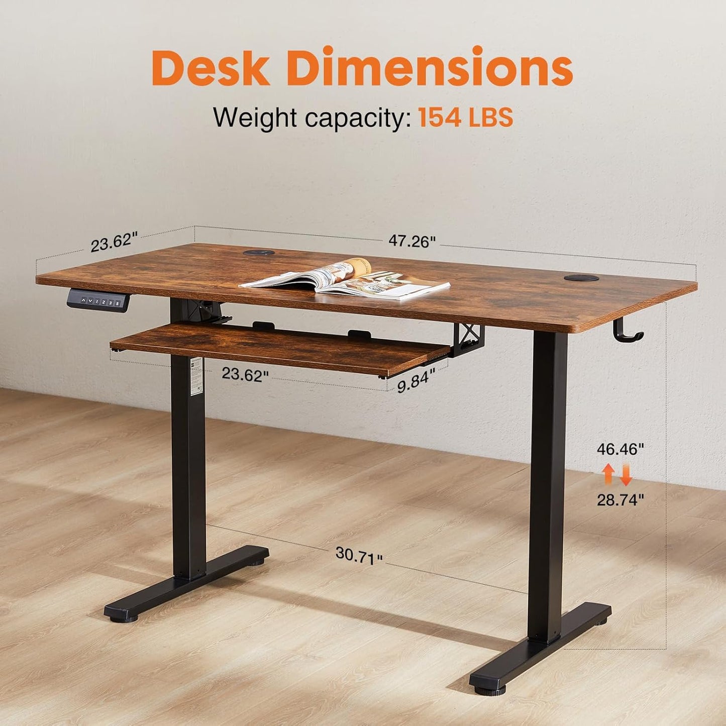 Skiennix Electric Standing Desk - Height Adjustable Ergonomic Workstation with Drawer | 48" x 24" Black Frame/Brown Desktop