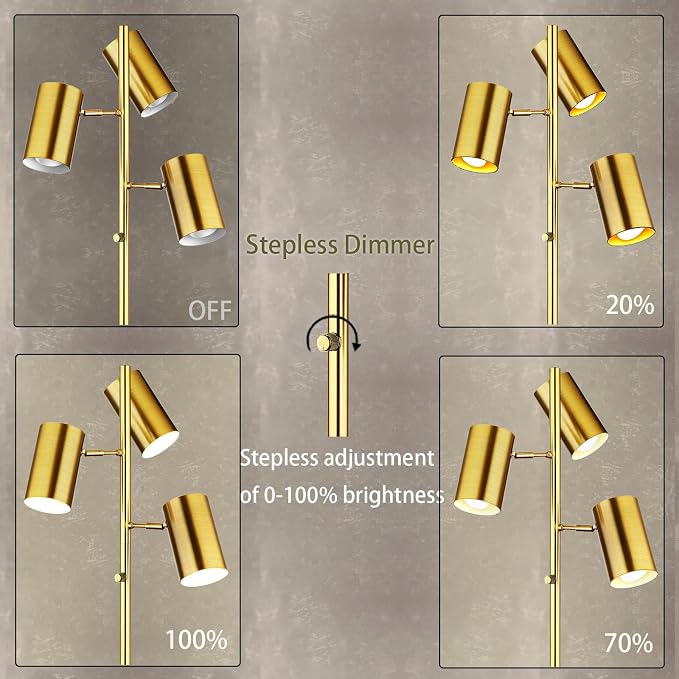 Ldeco Tree Floor Lamp for Living Room,Stepless Dimmable Gold Standing Tall Pole Lamp with 3 Bulbs,Modern Reading Floor Lamp for Living Room Bedroom Office,9W E26 LED Bulbs Includeds (Gold-Dimmable)