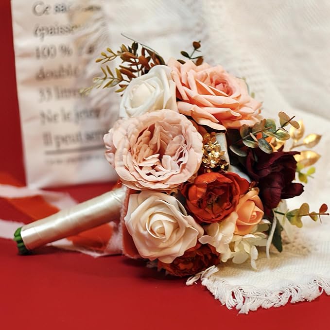 8.6 Inch Wedding Bouquets for Bride Bridesmaid, Burnt Orange Burgundy Rose Bridal Bouquet Terracotta Fall Wedding Artificial Silk Flower Boho Rustic Ceremony Anniversary Decor Toss Bouquet