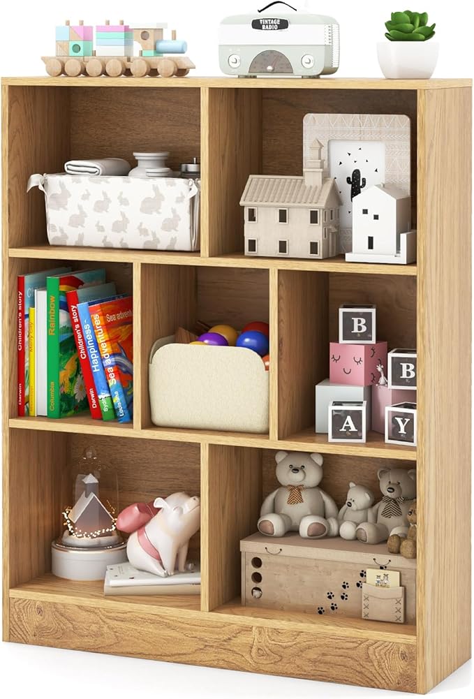 HONEY JOY Kids Toy Storage Organizer, 7-Section Wooden Floor Storage Cabinet, 41” Daycare Toy Chest, 3-Tier Kids Display Bookshelf for Classroom, Playroom & Nursery, Kindergarten (Natural)