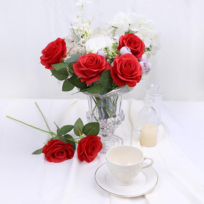 Artificial Rose Flower Artificial Flowers Flower with Long Stem Silk Roses Bouquet for Wedding Bridal Shower Party Home Decoration (Red, 50 Pcs)