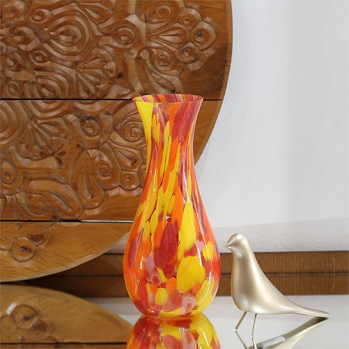 Ca D Oro Glass Vase Orange/Yellow Confetti Effect Hand Blown Murano-Style Art Glass for Flower, Room Decoration and Centerpiece - Model Nº 83