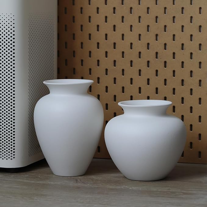 Large White Ceramic Flower vase, Modern Centerpiece Table Decorations,Round Shape Rustic Ceramic vases for Home Decor Dining Room (White, 0620)