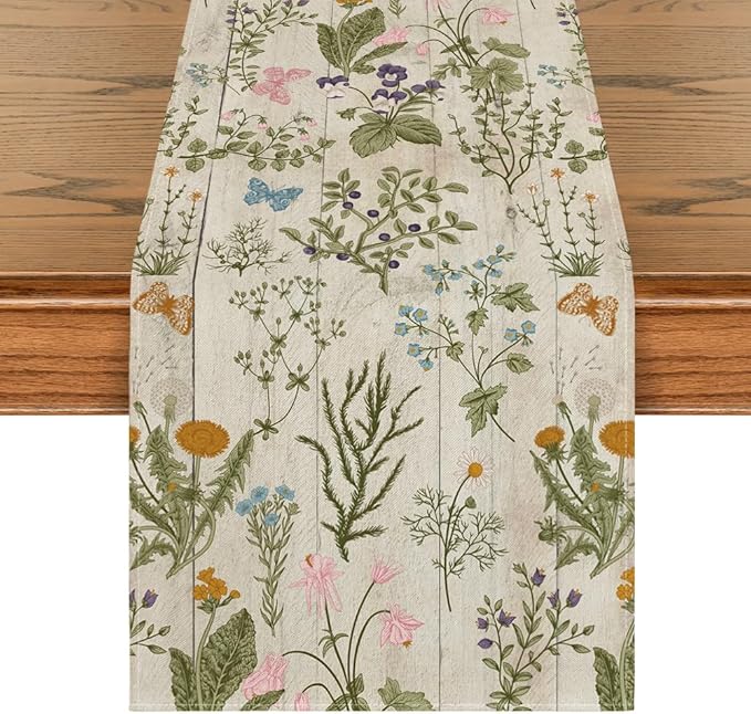 Artoid Mode Wood Wild Flowers Floral Spring Table Runner, Seasonal Summer Kitchen Dining Table Decoration for Home Party Decor 13x108 Inch