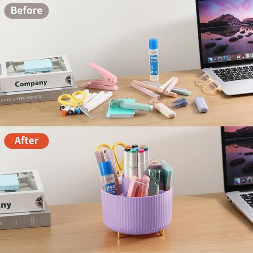 Skiennix 360° Rotating Desk Pencil Holder - 5 Slot Organizer for Office & Home - Purple