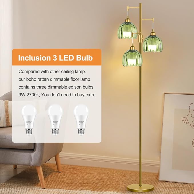 ZECOXOL Dimmable Floor Lamps for Living Room-3 Light Gold Floor Lamp with Three Bulbs & Glass Lampshape, Mid Century Modern Standing Lamp Tree Tall Flower Floor Lamp for Bedroom Living Room,Corner