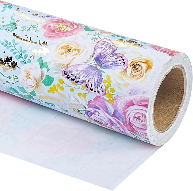 WRAPAHOLIC Floral Wrapping Paper Roll - Mini Roll - 17 Inch x 16.5 Feet - Elegant Gold Foil Butterfly and Flower Wrapping Paper Perfect for Wedding, Birthday, Bridal Shower, Tea Party