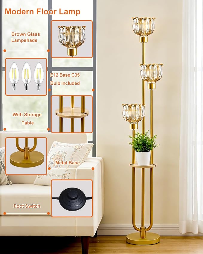 Lightdot Glass Floor Lamp for Living Room 3-Lights Modern Gold Floor Lamp with Amber Glass Shade 3000K Bulbs Included Unique Tall Standing Lamp with 5Lb Heavy Base for Bedroom/Sofa Beside/Corner Decor