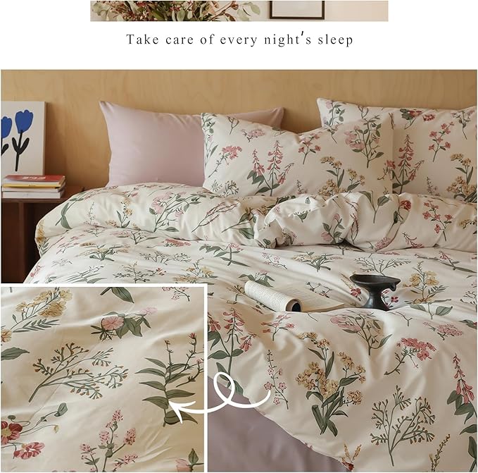 HighBuy Vintage Floral Comforter Set King Pink Yellow Botanical Coquette Bedding Comforters with 2 Pillowcases Women Girl Cottagecore Bedding Sets - 1 Fluffy Comforter 2 Pillow Shams