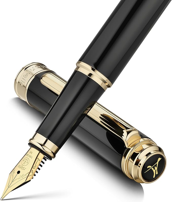 MCNTEIK 317 Fountain Pen,Stunning Luxury Piano Lacquer,18K Gilded Nib(Medium),Gorgeous 24K Gold Finish, Ink Converter,Trustworthy Gift for Men&Women-Elegant,Executive,Nice Pens for Writing, BK-M