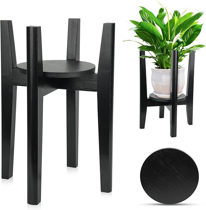 Adjustable Plant Stand with Tray,Indoor Wood Plant Stand Fit 8'' to 12'' Planter,Mid Century Modern Flower Pot Holder Rack(Plant and Pot Not Included),Black