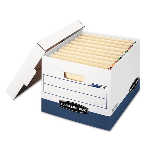 Bankers Box Heavy-Duty File Storage Boxes - 12 Pack with FastFold Lift-Off Lid | White/Blue