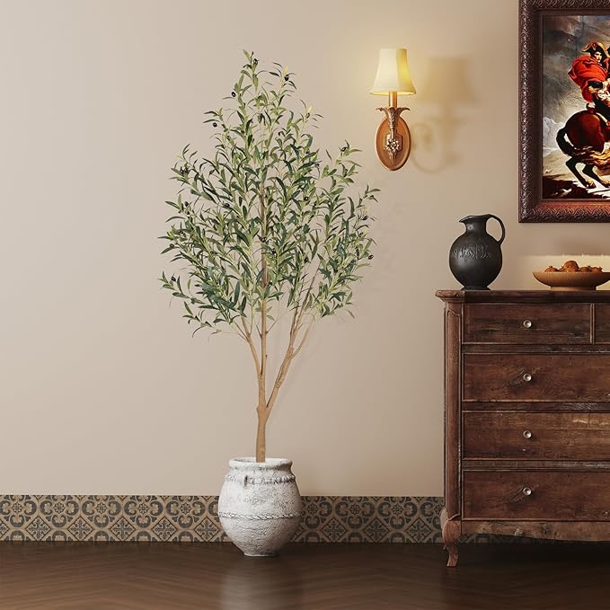 Tall Faux Olive Tree，6Ft(72in) Realistic Texture Potted Silk Artificial Olive Tree， Fake Olive Trees Indoor Outdoor for Home Office Living Room Bedroom Foyer Porch Decor.
