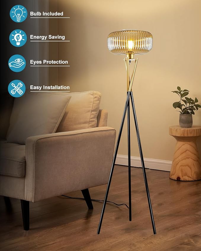 Lightdot Glass Tripod Floor Lamp for Living Room, Modern Gold&Black Standing Lamp with Ribbed Brown Glass Shade, Arc Tall Lamp for Bedroom/Reading Room/Sofa Beside/Corner Decor (Bulb Included)
