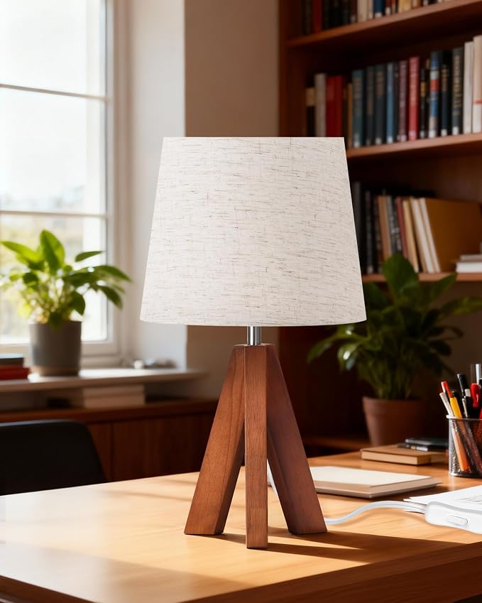 Tripod Table Lamp, 14.6 Inch Small Bedside Lamp with Beige Linen Shade, Modern Nightstand Lamp for Bedroom, Kids Room, Living Room, Nursery, Office, E26 Socket, Dark Wood Base, LE51TL05