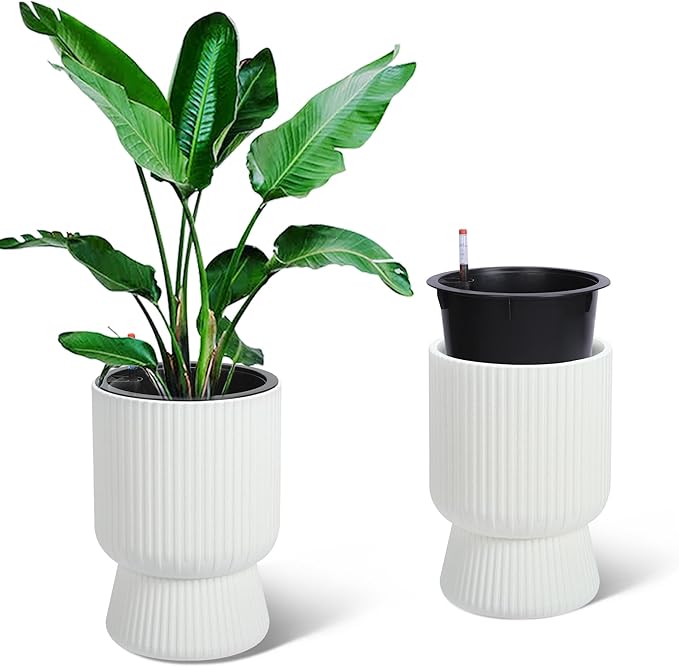 14.2" Tall Planters Set of 2, Plant Pots, Self Watering Pots for Indoor Plants, Flower Pots with Built-in Drainage and a Water Level Monitor, for Patio, Porch, Living Room, or Office, White