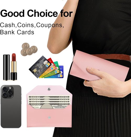 Pu Leather Cash Envelope Wallet - Reusable Cash Stuffing Wallet for Men & Women | Pink