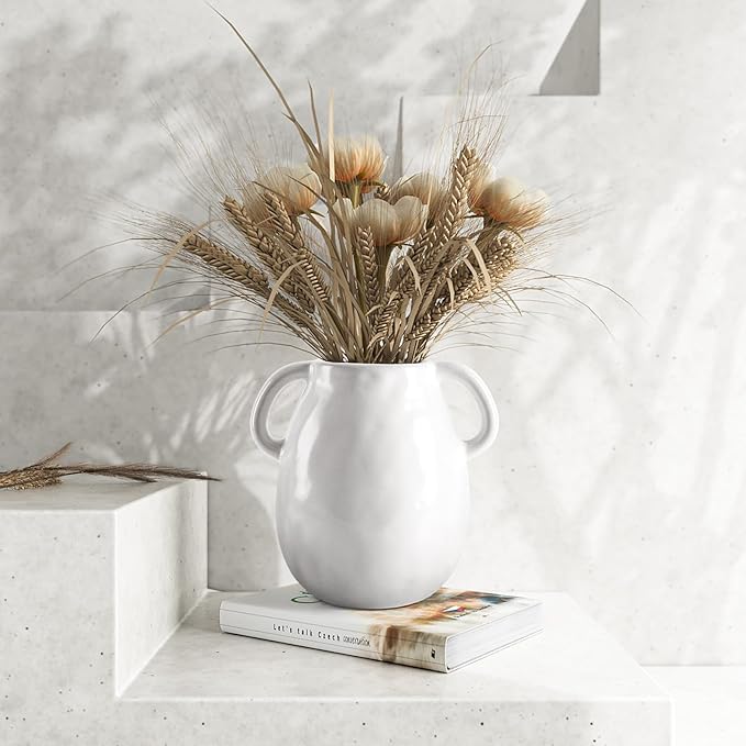 7 Inch Rustic White Ceramic Vase with Double Handles, Retro Farmhouse Glazed Clay Vases for Flowers, Decorative White Flower Vase for Bouquet, Home Décor, Table, Shelf, Kitchen, Living Room