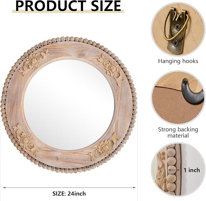 H HOMEWINS Rustic Round Mirror, 24" Wooden Circle Farmhouse Wall-Mounted Nature Beads Decor Mirror for Bedroom, Bathroom, Living Room,Vanity