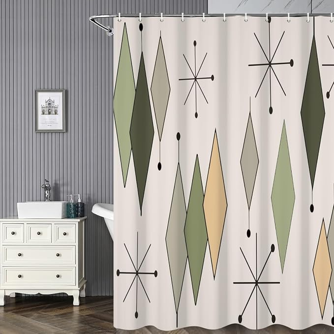 Boho Mid Century Shower Curtain Vintage Abstract Green Diamond Geometric Atomic Starburst Pattern for 1950s Retro Bathroom Decor Accessories Shower Curtain Set with 12 Hooks, 72x78 Inches