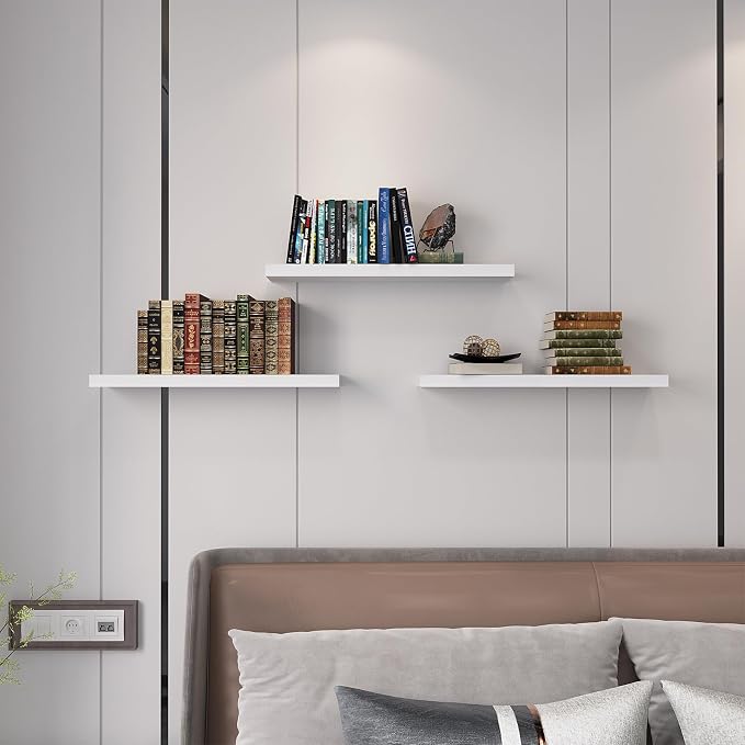 SAUMONIERES Floating Wall Shelves for Bedroom Bathroom Wall Mounted Solid Wood Shelf 24 Inch Set of 3, White