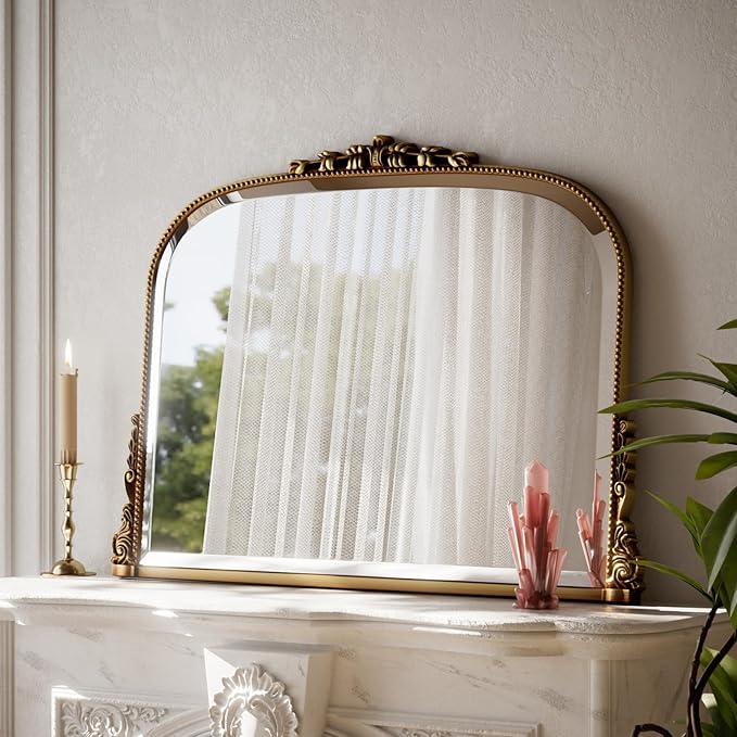 Wall Beaded Mirror, 36 x 27 Inch Round Top Right Angle Wall Mirror, Tempered Glass, Rust Resistant, Horizontally or Vertically Hanging, Gold