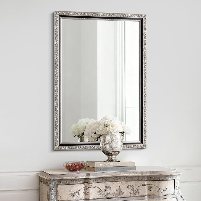 Vintage Black Silver Mirror, 40'' x 28'' Antique Wall Mirrors with Ornate Silver Carved Frame, Decorative Mirror for Living Room, Bathroom, Bedroom, Entryway, Fireplace, Horizontal/Vertical