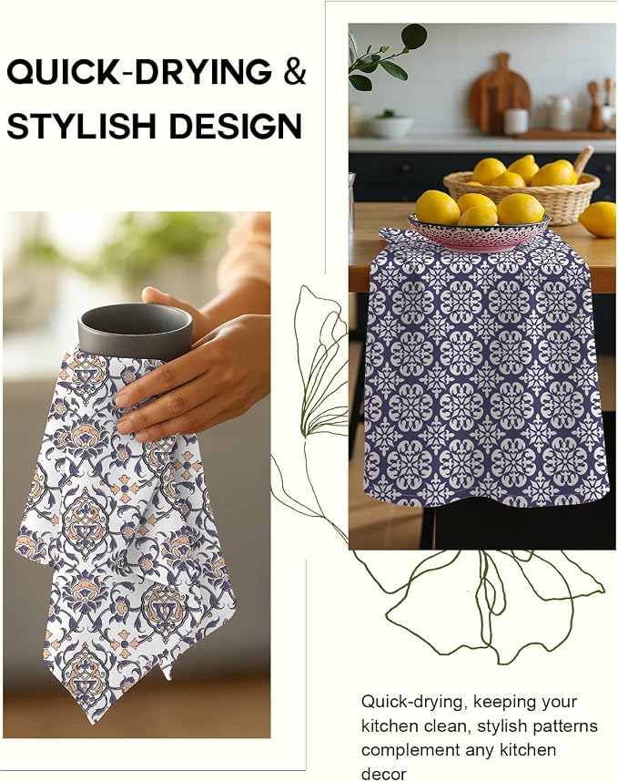 Miss Adola 2 Pack Flour Sack Kitchen Towels - 16x26 Inch Cotton Dish Towels with Hanging Loop Reusable Geometric Boho Modern Retro Tea Towel Absorbent Dishcloths Home Decor, Blue Boho Style