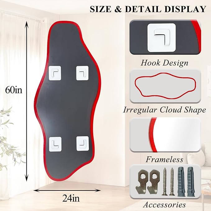 Large Irregular Wall Mirror, 60"x24" Red Asymmetrical Tempered Glass Mirror, Frameless Organic Shaped Mirrors for Entryway Hallway Bedroom Living Room, Horizontal or Vertical Hanging