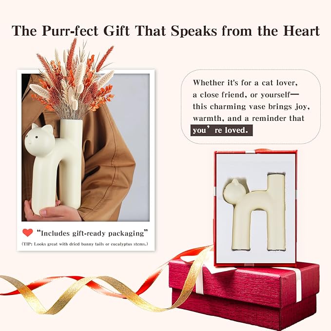 Cat Lover Gift – Minimalist Animal Vase for Dried Flowers, Pampas Grass – Calm Shelf Decor for Women, Cat Moms, Girlfriend, or Neutral Rooms