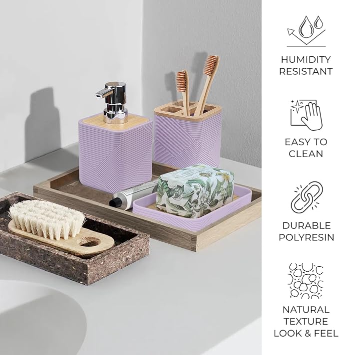 CERBIOR Bathroom Accessories Set 6 Piece Bamboo Bath Ensemble Includes Soap Dispenser, Toothbrush Holder, Toothbrush Cup, Soap Dish for Decorative Countertop and Housewarming Gift (Purple)
