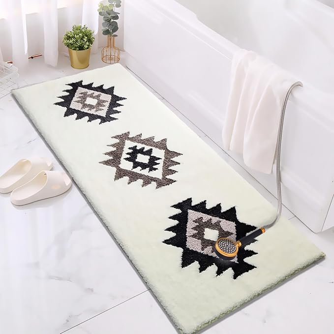 White Boho Bathroom Rug Runner 60x24 Washable Long Bath Mat for Bathroom Tub Bedroom Kitchen Laundry Room Home Decor Fluffy Soft Bohemian Carpet Runner