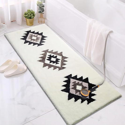 White Boho Bathroom Rug Runner 60x24 Washable Long Bath Mat for Bathroom Tub Bedroom Kitchen Laundry Room Home Decor Fluffy Soft Bohemian Carpet Runner