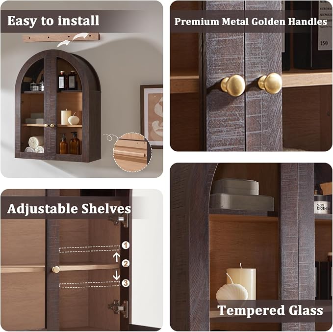 Bathroom Arched Wall Cabinet Over The Toilet Storage Cabinet, 23.5×31.4 Inch bathroom cabinet wall mount with Glass Doors & Adjustable Shelves, Wood Cabinet for Laundry Room, Bedroom Kitchen, Brown